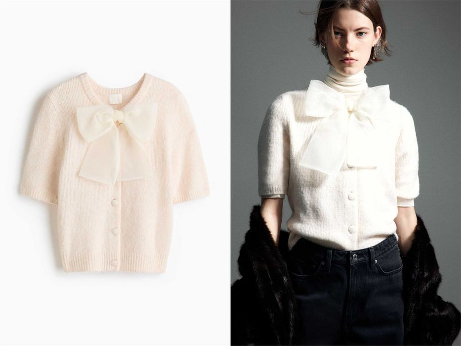 Kardigan M nowa kolekcja sweter kremowy z kokardą alpaka PROMOCJA