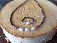 Naszyjnik i pierścionek z czarnych turmalinów, rubinów i pereł