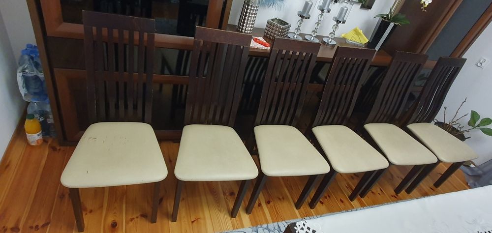 Krzesła 6 sztuk z pełnego drewna z pokrowcami, krzesło brązowe