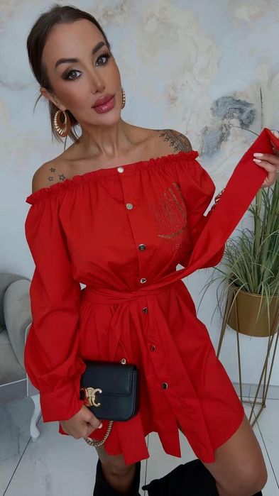 Elegancka sukienka koszula z paskiem cyrkonie kolory Lola bianka