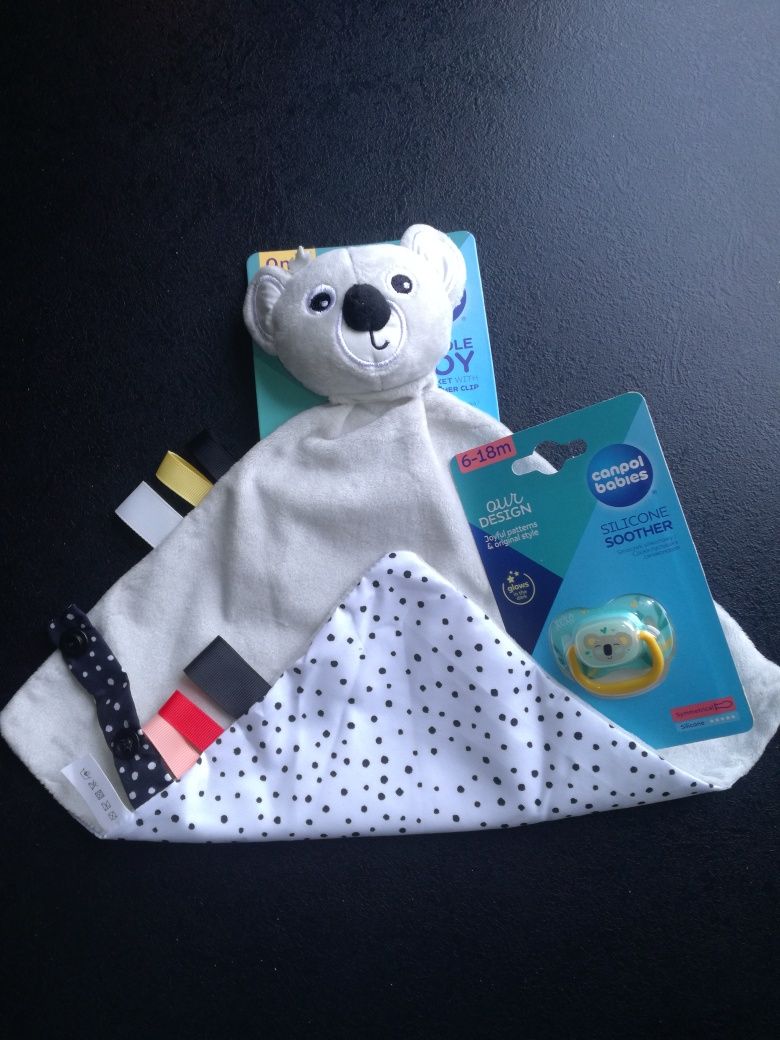 Nowy zestaw Canpol Babies świecący smoczek 6-18 zawieszka- kocyk koala