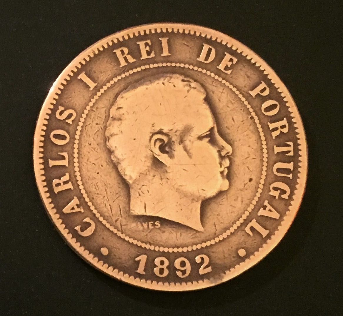 Moeda de 20 reis em bronze - D. Carlos I - Portugal - 1892