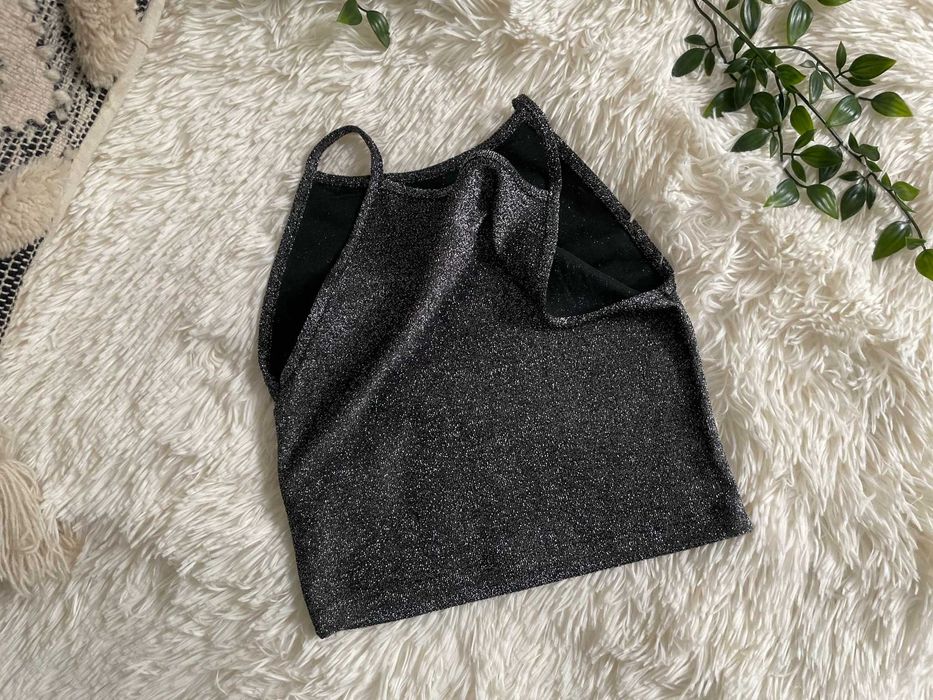 Sinsay crop top srebrny połyskujący halter y2k aesthetic vintage XS 34