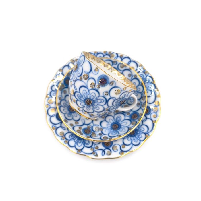 Łomonosow Trio Filiżanka Podstawek Spodek Talerzyk Porcelana Kobalt
