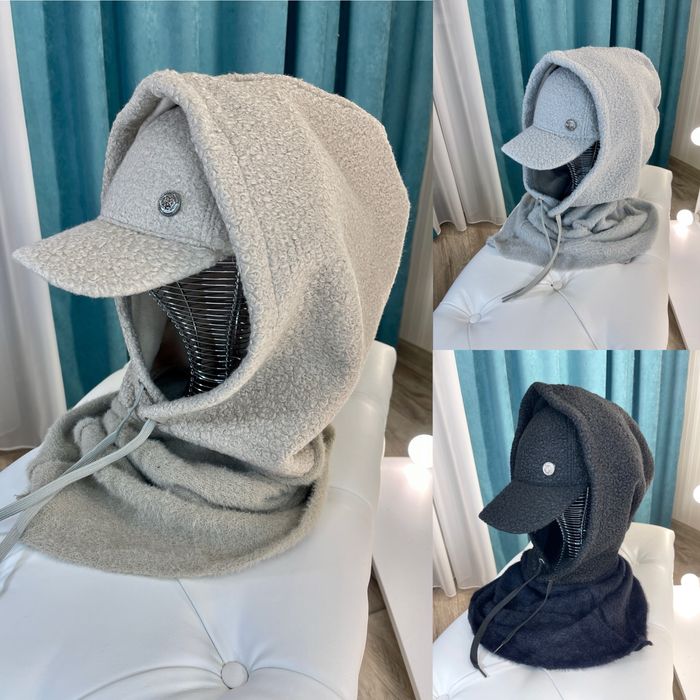 Женский капор на флисе+кепка тедди черный,молоко Жіночий капор+кепка