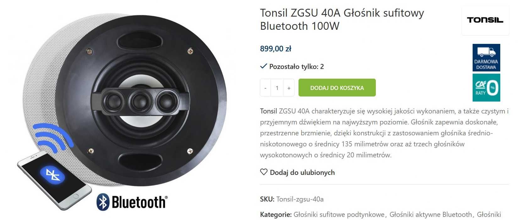 Zestaw głośników sufitowych Bluetooth Tonsil ZGSU 40A Komplet 2x Nowe