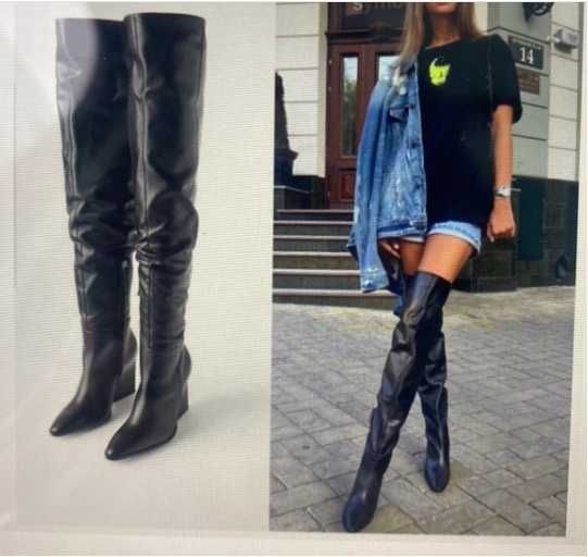 Сапоги-ботфорты женские Zara выше колена на каблуке