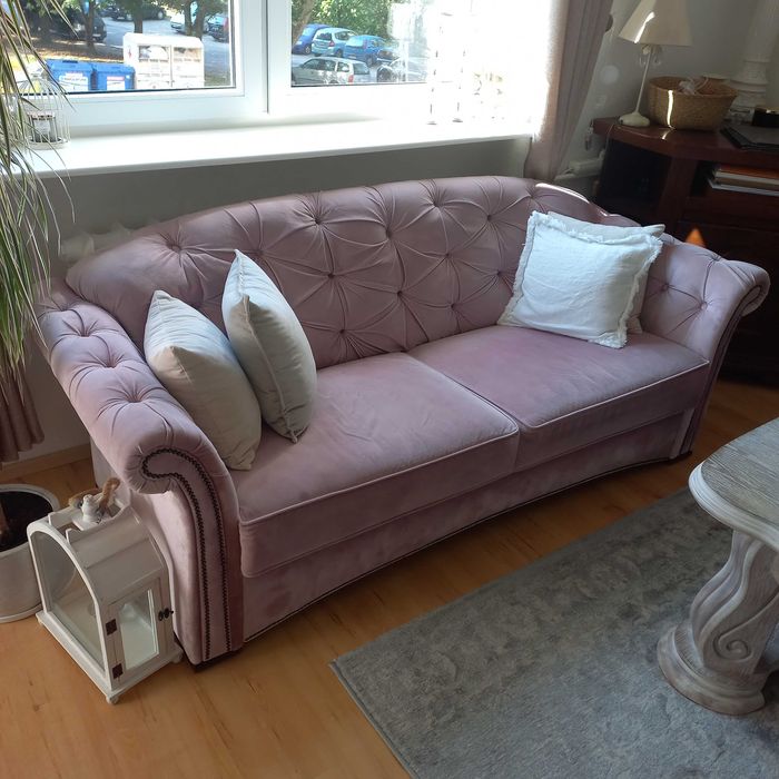Przepiękna nowoczesna kanapa chesterfield, sofa 3 osobowa, pudrowy róż