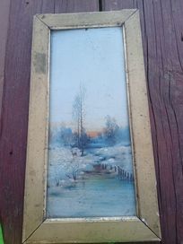 Zimowy pejzaż z sarenką stary obraz sygnowany