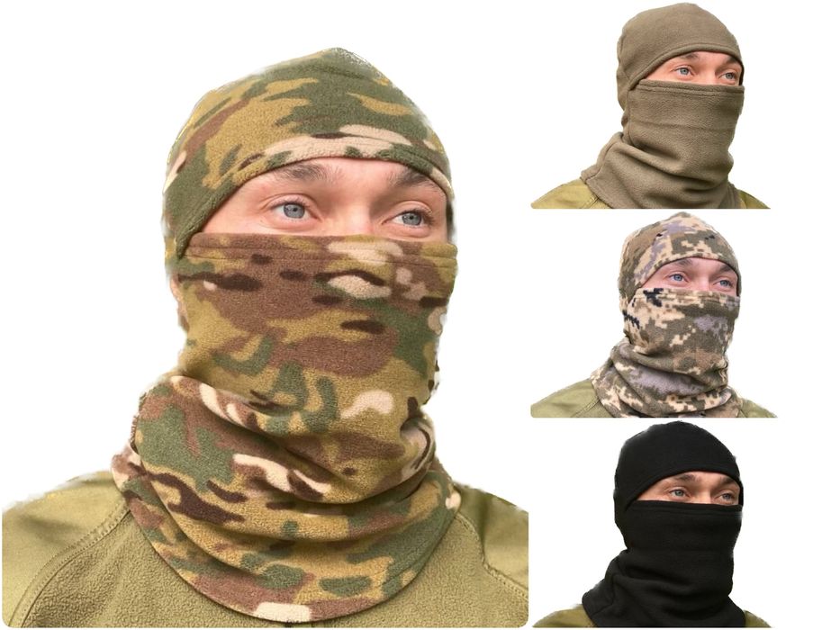 Флісова Балаклава мультикам, піксель, чорна, олива/хакі зимова