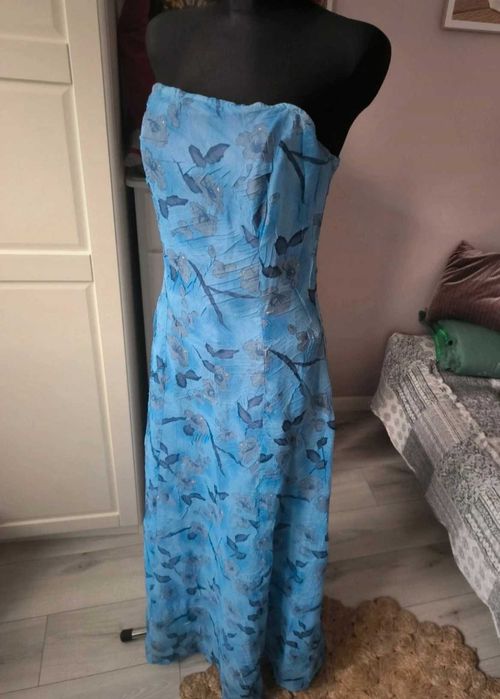 Niebieska sukienka do ziemi, sukienka bez ramiączek, r. M-XL