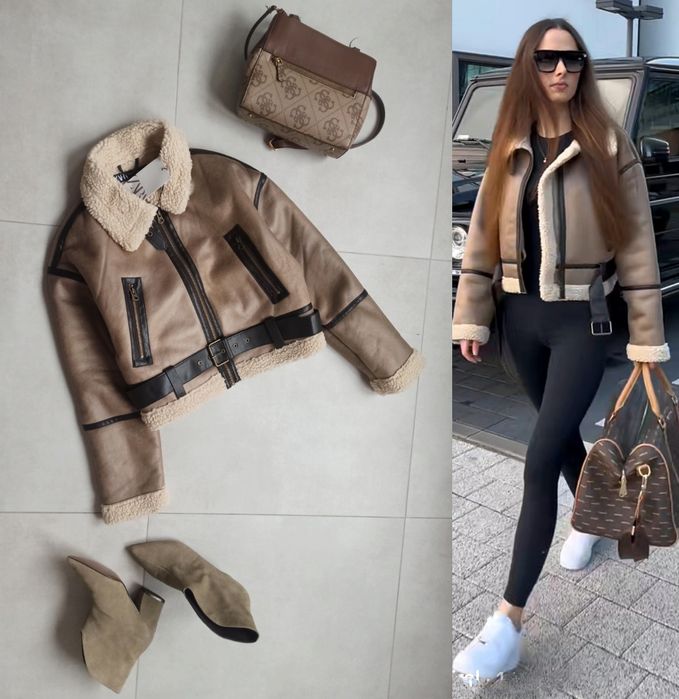 Zara kożuch L 40 pilotka kurtka brązowy biker