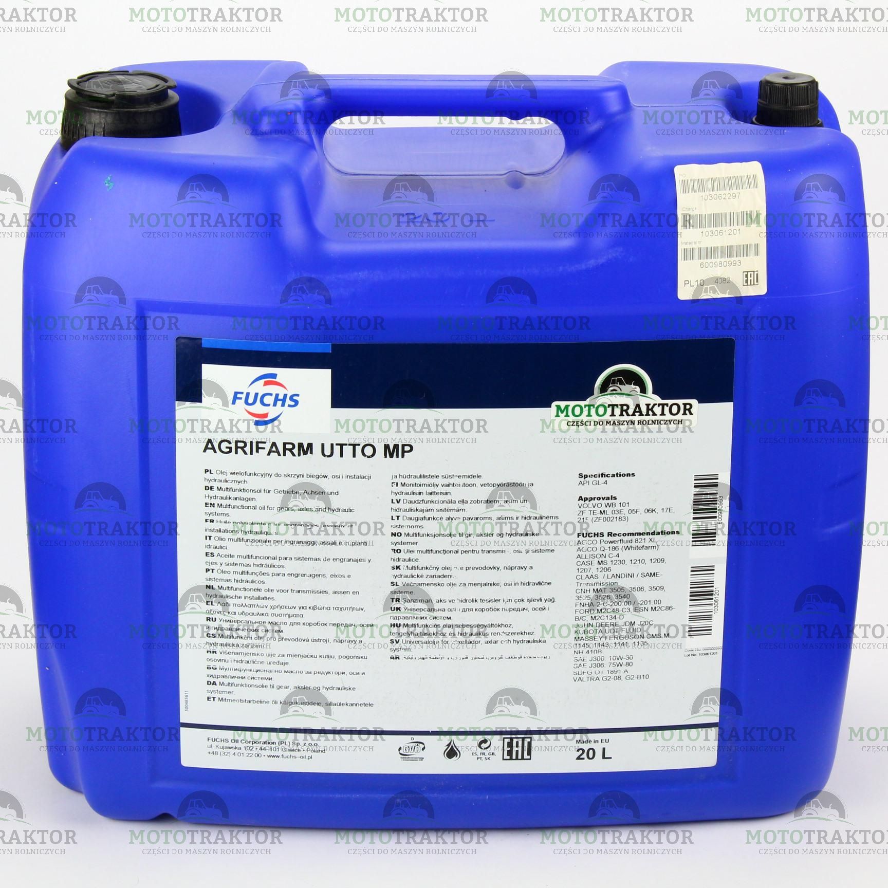Olej Hydrauliczno Przekładniowy Fuchs Agrifarm Utto Mp 20 L