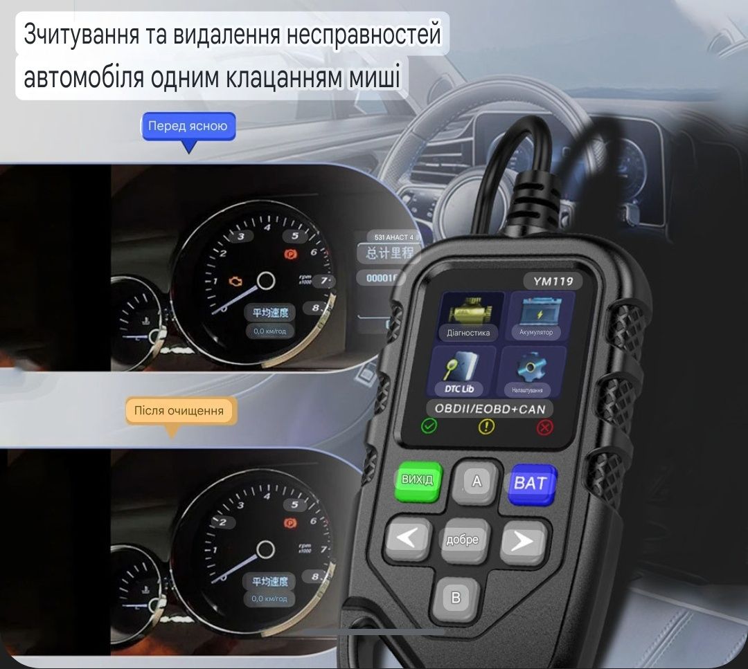 Авто сканер OBD2 +тестер батареи, диагностический , считывание кодов.