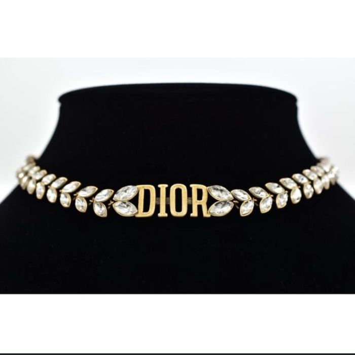 gargantilha Christian Dior Vintage Logo Laurel Leaf Swarovski