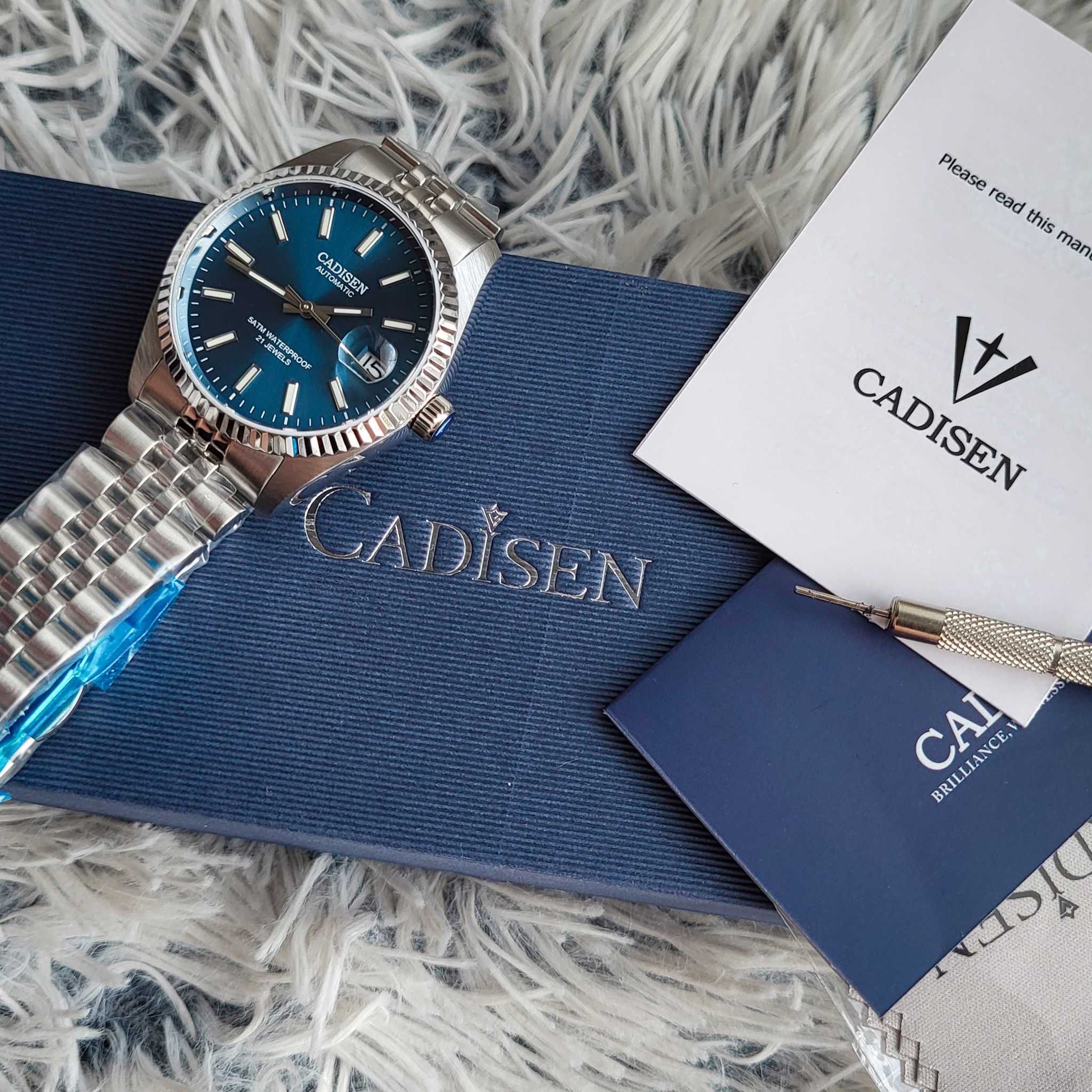 Zegarek Cadisen automat błękitna tarcza srebrny