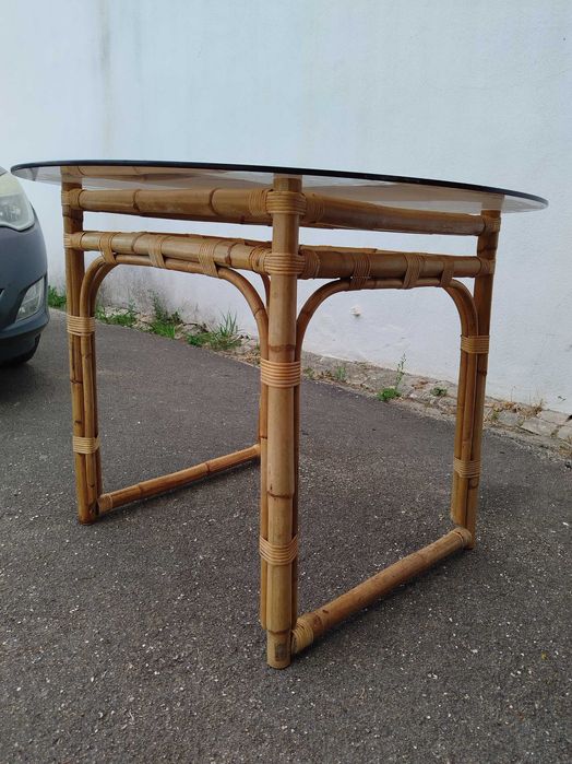 Mesa bambu com tampo de vidro 1m