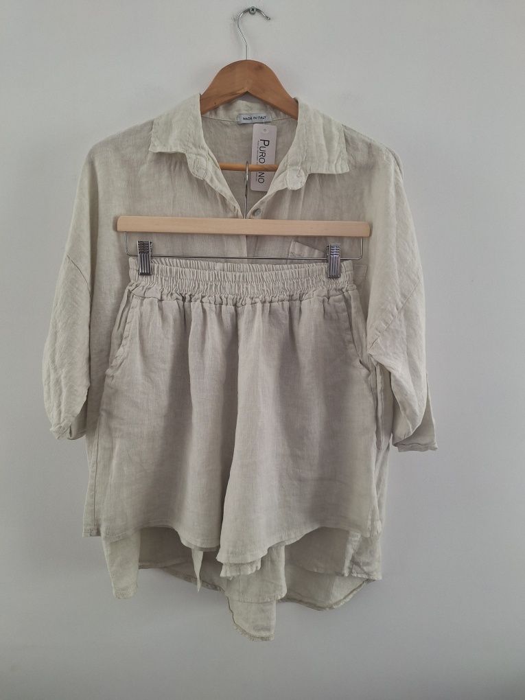 PuroLino Italy Moda komplet 100% len koszula i szorty