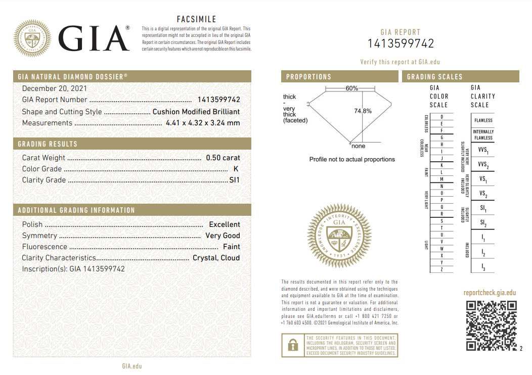 Brylant Diament 0.5 ct K / Si1 Cushion GIA