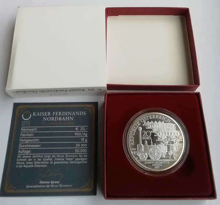 Австрія 20 Євро 2007р. Залізниця Фердинанда. СРІБЛО. ПРУФ.