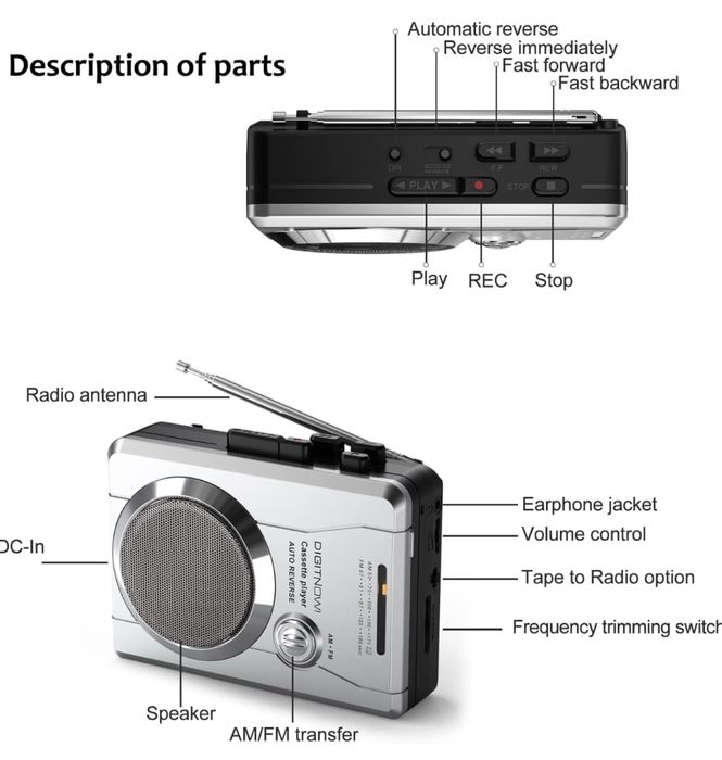DIGITNOW! Przenośny odtwarzacz kasetowy z radiem FM