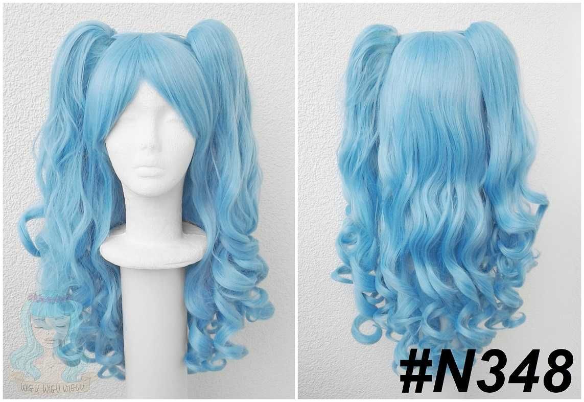 Błękitna lokowana niebieska peruka z kitkami loki grzywką cosplay wig