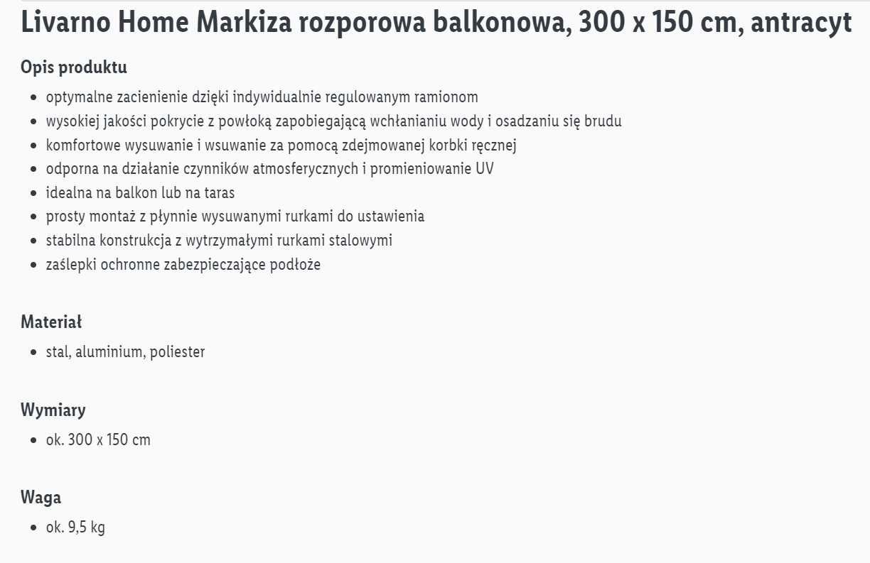 Markiza 300 x 150 cm, antracyt, Kraków