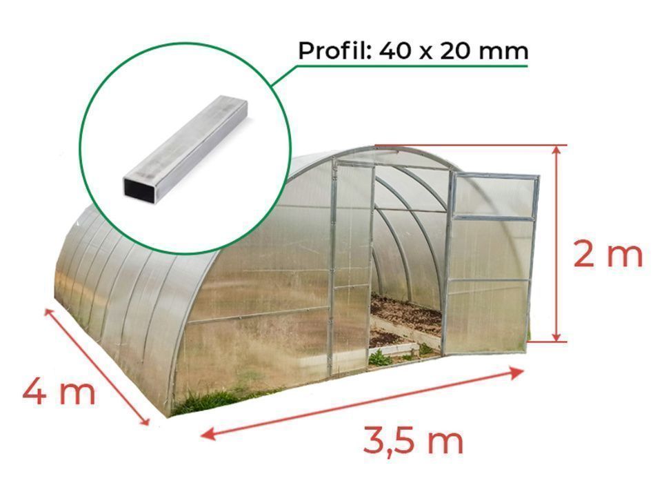 Szklarnia Ogrodowa 3,5x4m OCYNK TUNEL profil 40x20mm, POLIWĘGLAN 4mm