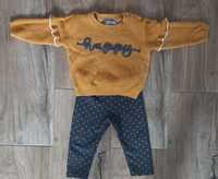 Musztardowy sweterek bluzka happy Primark 74 szare legginsy w kropki