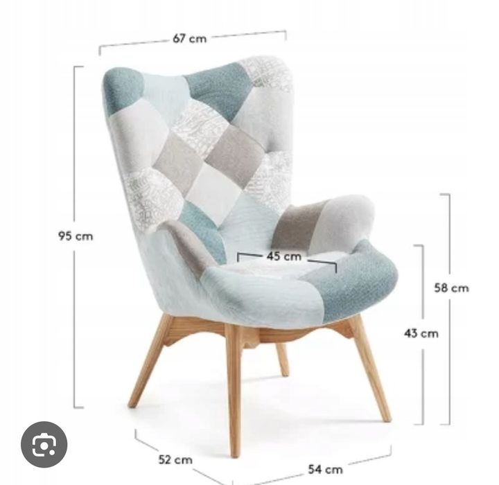 Fotel patchwork na bukowej podstawie - JAK NOWY!