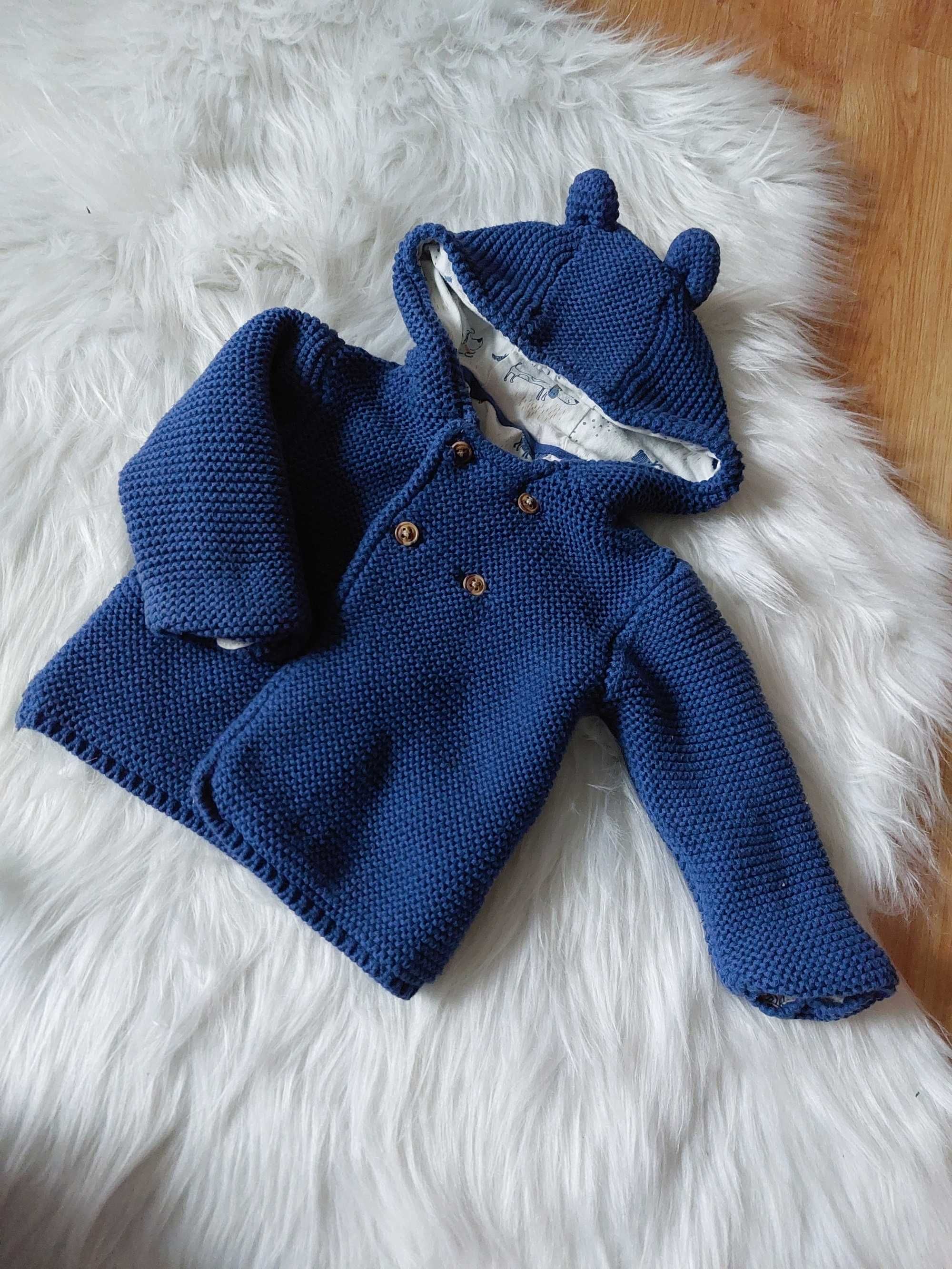 Sweter kardigan chlopięcy niebieski z uszkami na guziki 68 74 80