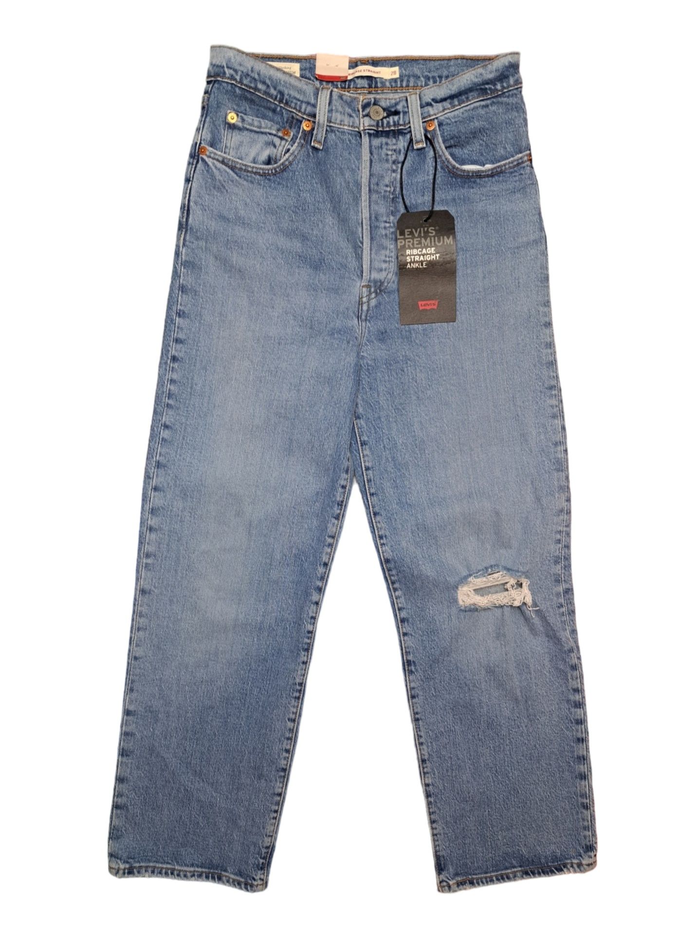 Piękne Spodnie Levi's Premium 28 Ribcage Straight dziura na kolanie