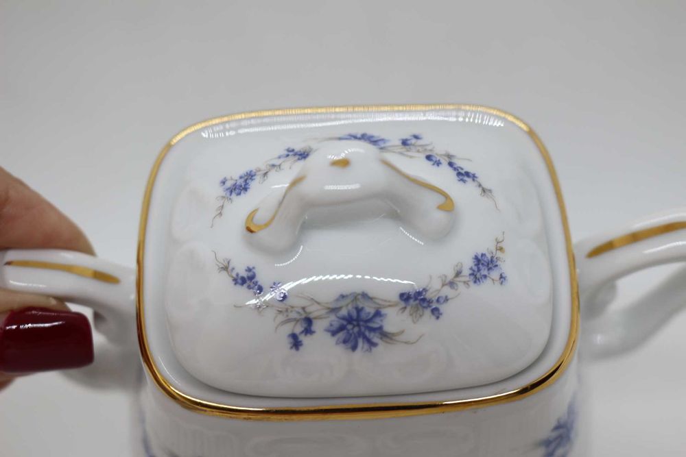 Açucareiro Moldado Flor Azul e Cinza Fio a Ouro Vista Alegre 1992