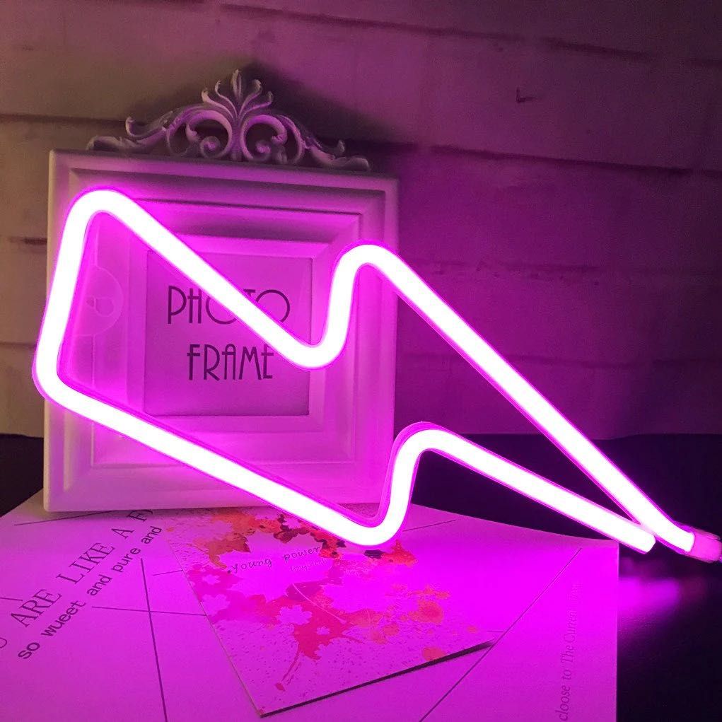 Neon LED błyskawica różowy znak świetlny wiszący baterie usb