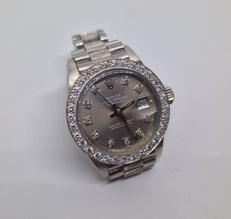Rolex President z brylantami, białe 18k złoto