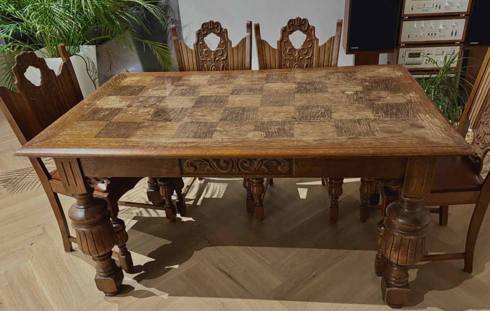 Stylowy Stół rozkładany i 6 krzeseł komplet szachownica