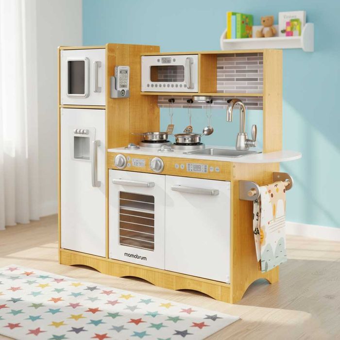 KOMPLETNA Drewniana Kuchnia XXL z LED, Fartuchem i Akcesoriami