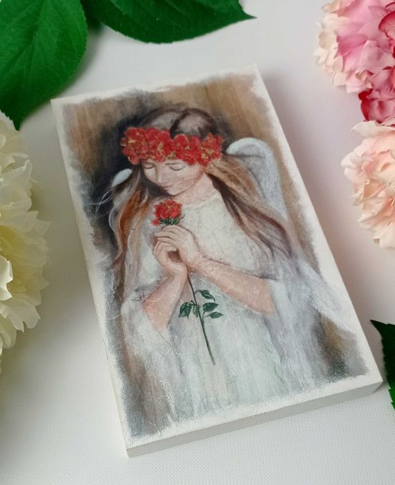 Aniol na drewnie obrazek 25x15