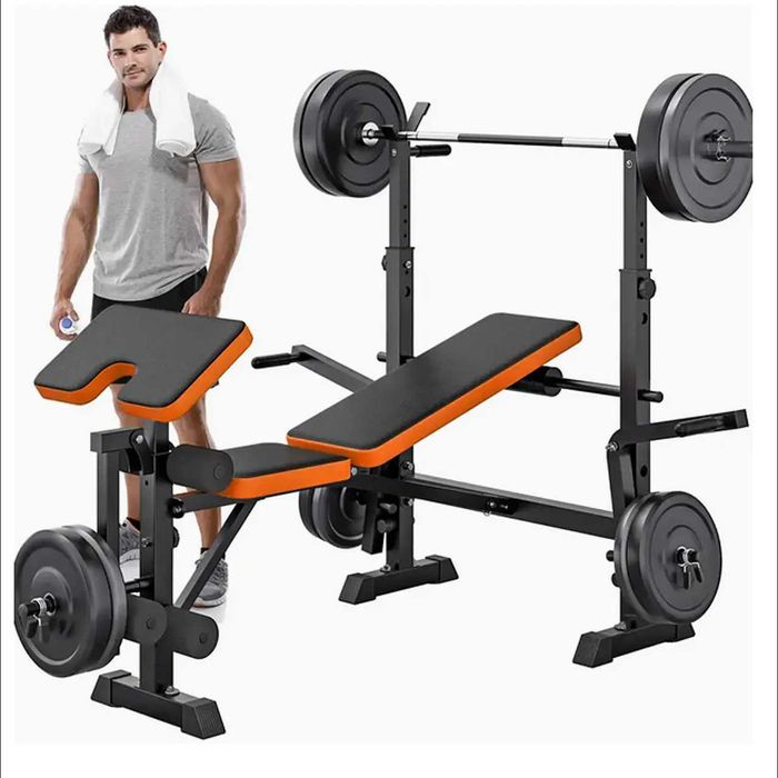 D38-Banco Musculação 6 em 1 com Suporte Agachamento, Banco Ajustável