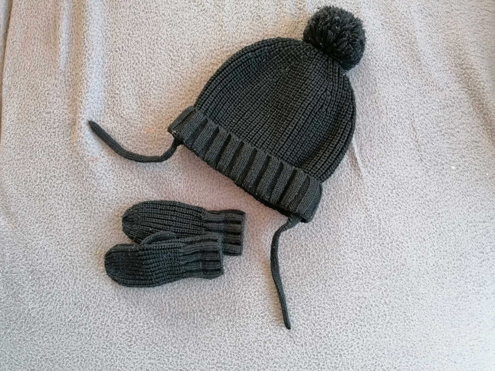 ZARA czarna czapka z pomponem + rękawiczki 50 cm 18-36m.
