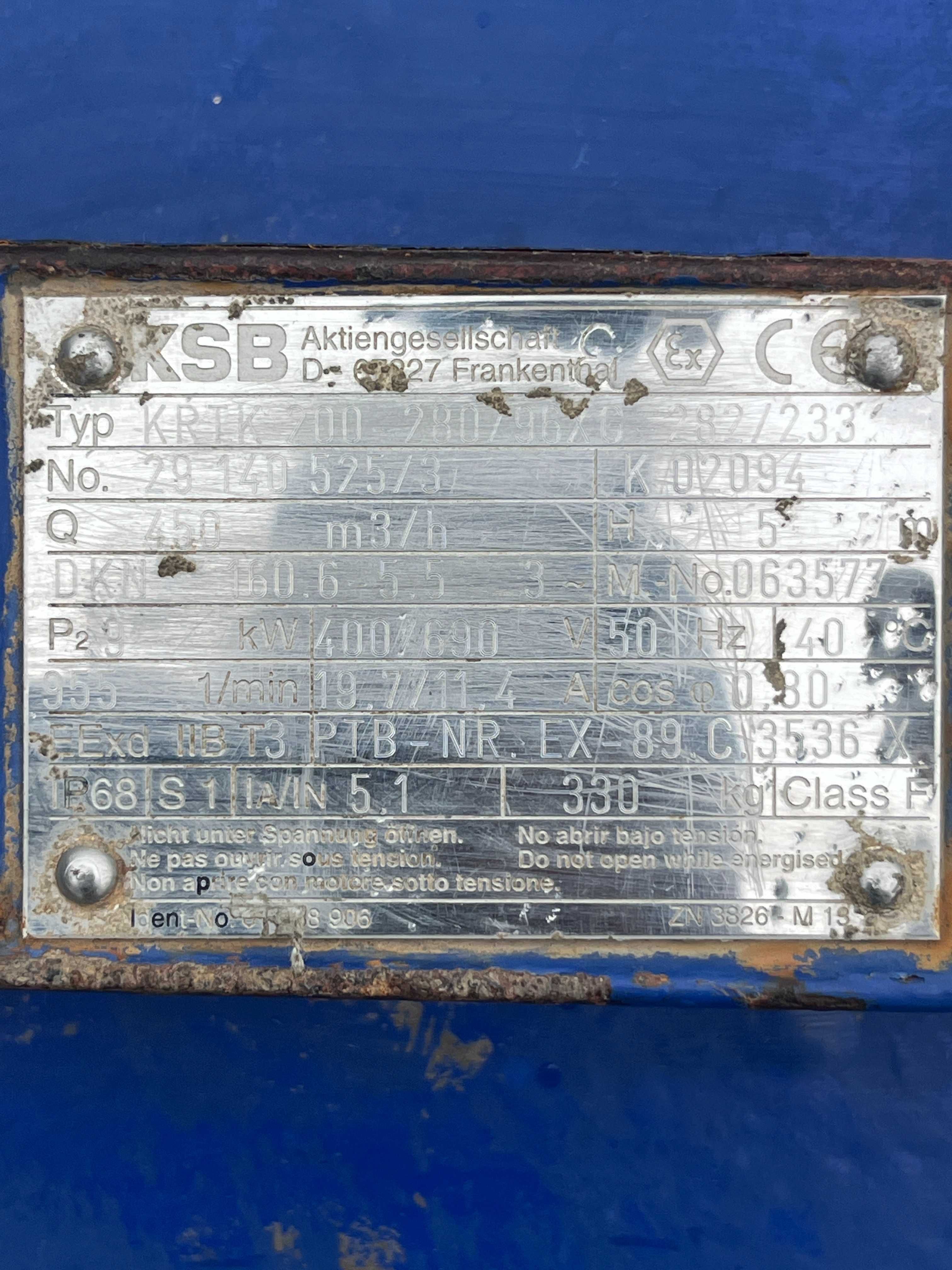 Pompa Wody do Ścieków  KSB KRTK  450m3/h, 9kW