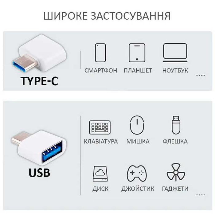 Адаптер перехідник  Type-C to USB 2.0 (3 штуки в комплекті)