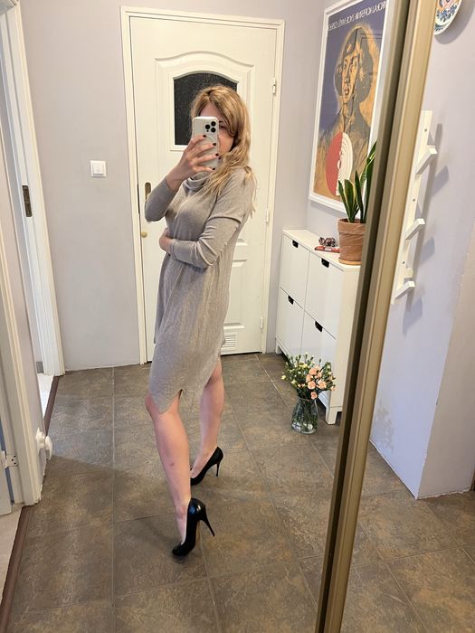 Wiskoza kaszmit sukienka tunika golf uniwersalna beżowa