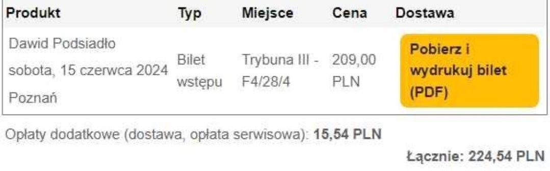 Bilet na koncert Dawida Podsiadło w Poznaniu.
Termin : 15.06.2024r.