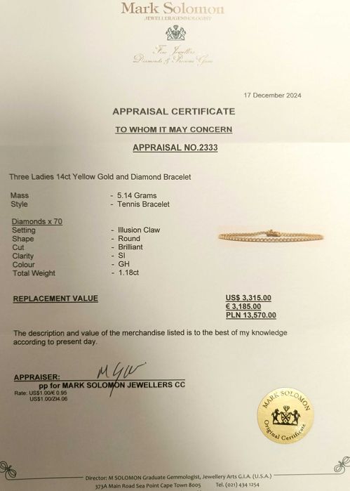 Złota bransoletka tenisówka z diamentami 1,18ct Pr.585 W:5,14gr 18cm