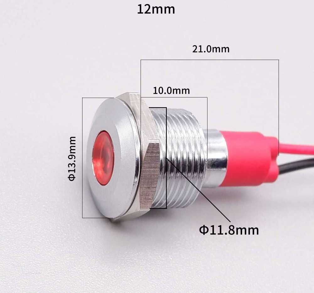 LED światło sygnalizacyjne wskaźnik zasilania 12mm z przewodem 8szt.