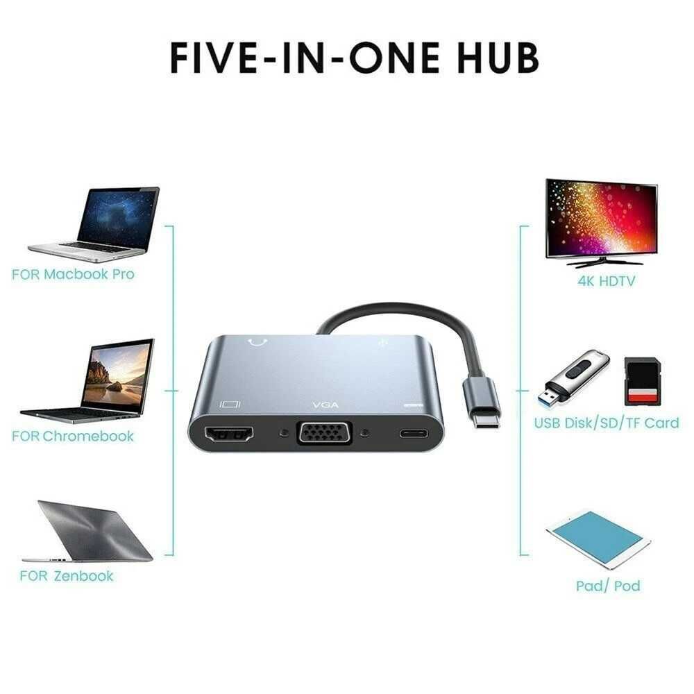 DOC-станція 5 в 1 VGA PD адаптер Usb Splitter