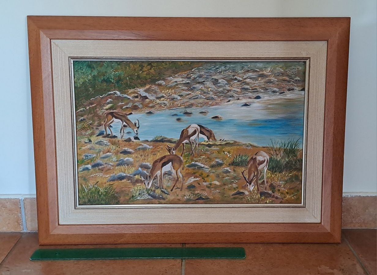 Pintura a óleo "veados junto à água"