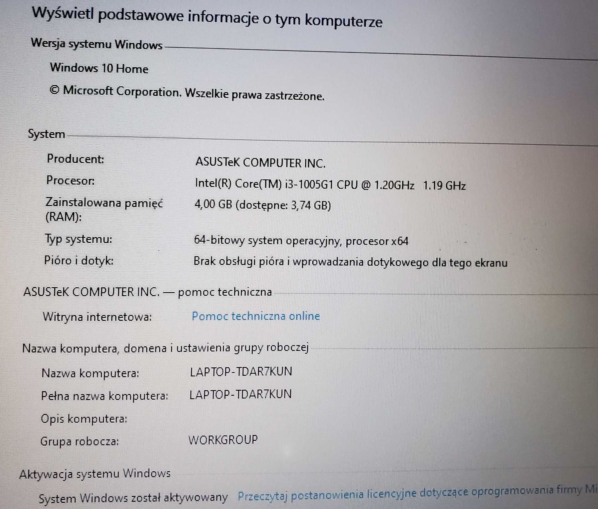 Laptop Asus X515J Intel Core i3 RAM 4 GB dysk 250GB