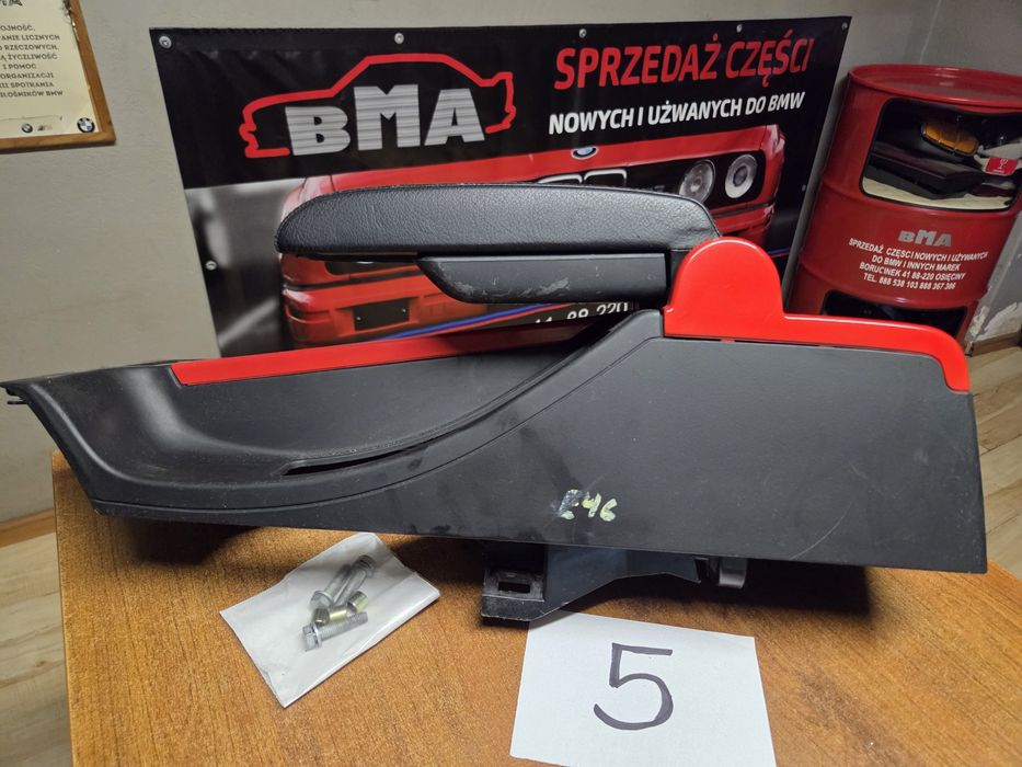 BMW E46 Podłokietnik Czarna Skóra UK Czerwony Dekor Nr 5